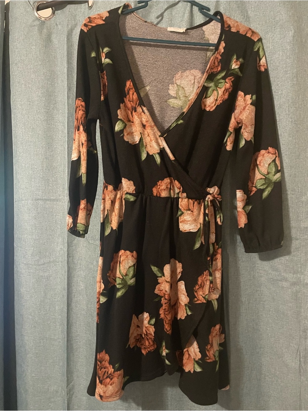 Floral Wrap Dress in Black with Peach Blooms
